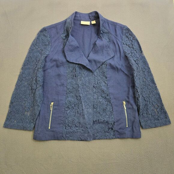 Chico's Women 1 US M Dark Blue Silver Zip Lace Moto Notched Collared Open Blazer - Picture 1 of 12
